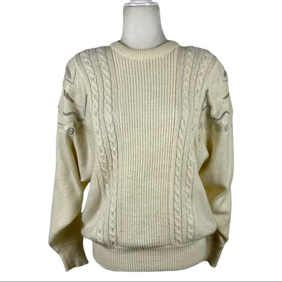 Vintage Angenie 80s Statement Sleeve Cable Knit Pullover Sweater Size Large - Picture 1 of 15